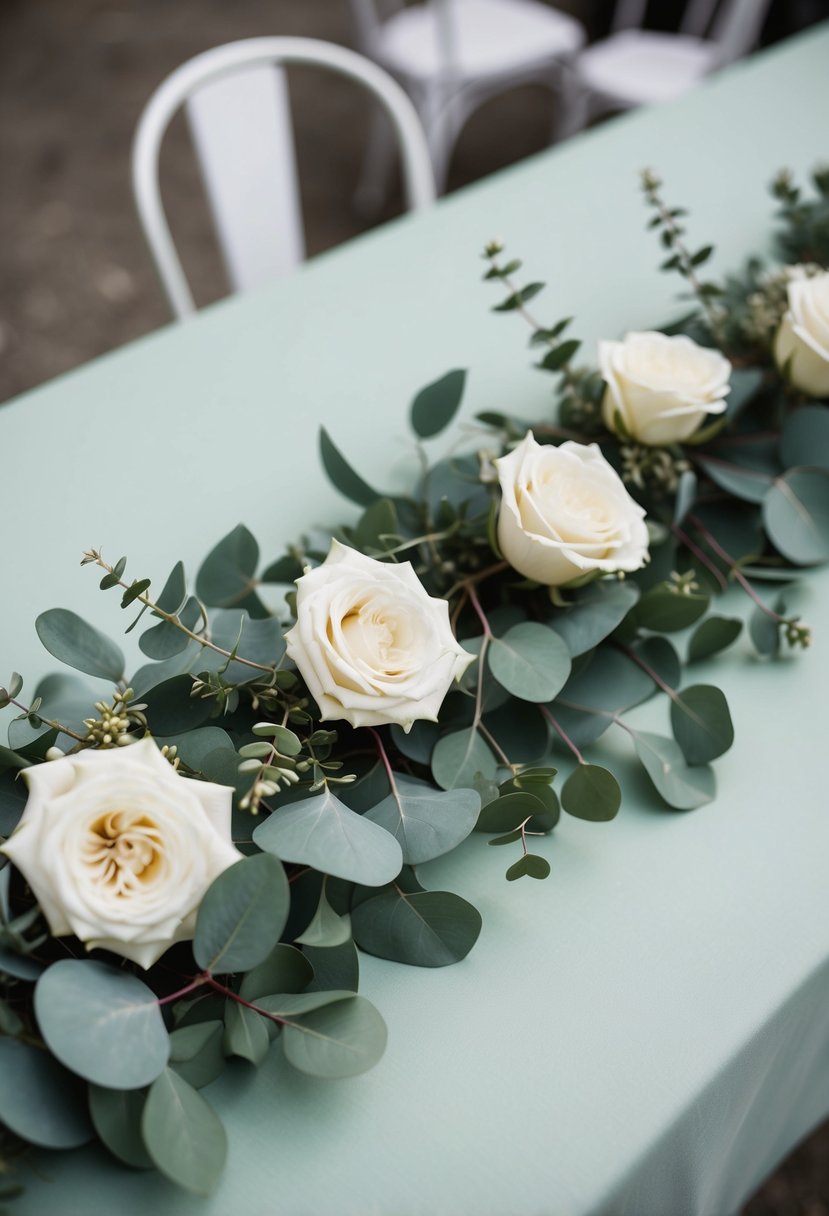 Eucalyptus garlands entwined with ivory roses adorn a sage green wedding table