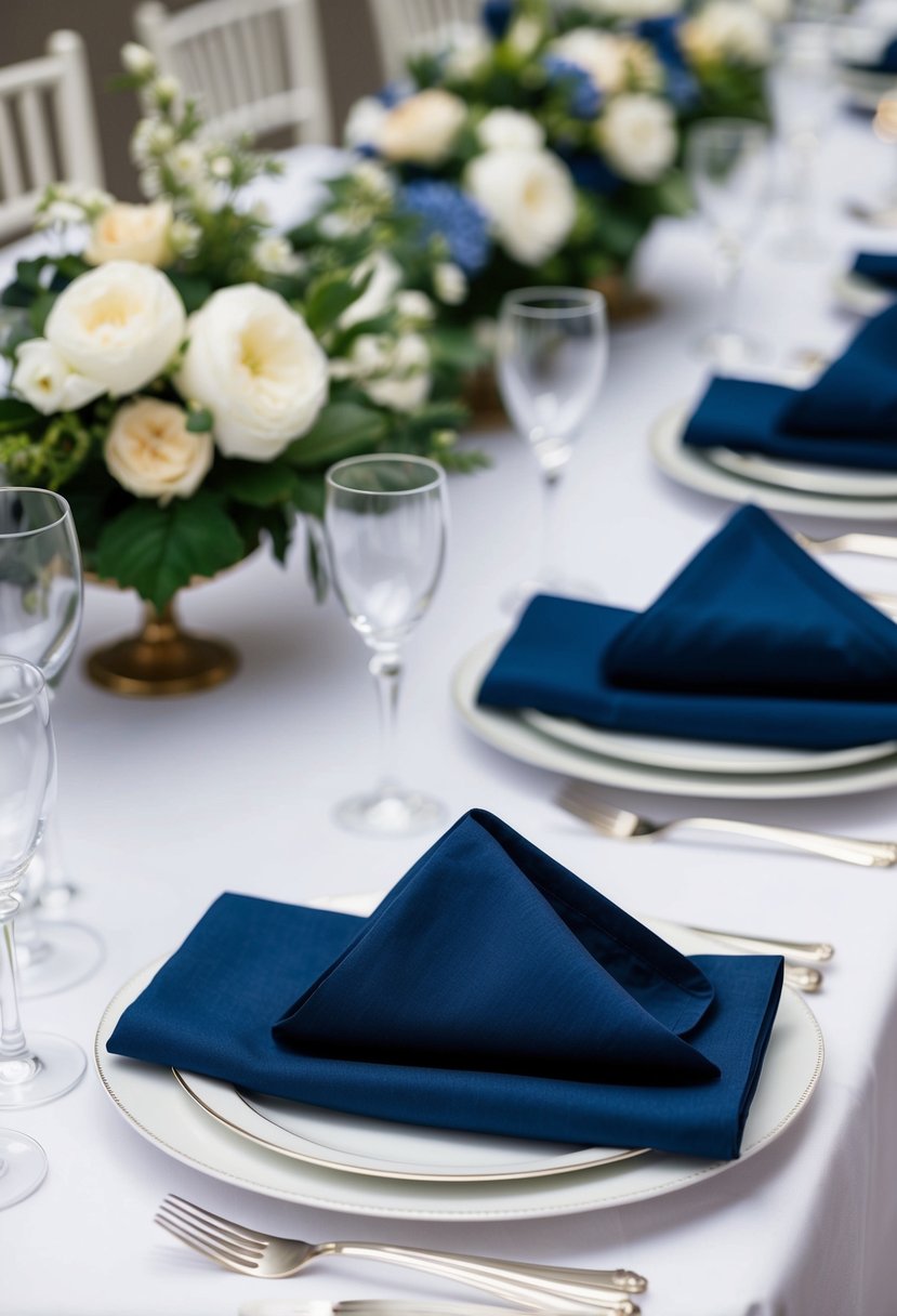 Navy napkins neatly folded on a white linen table setting with classic silverware and elegant floral centerpieces