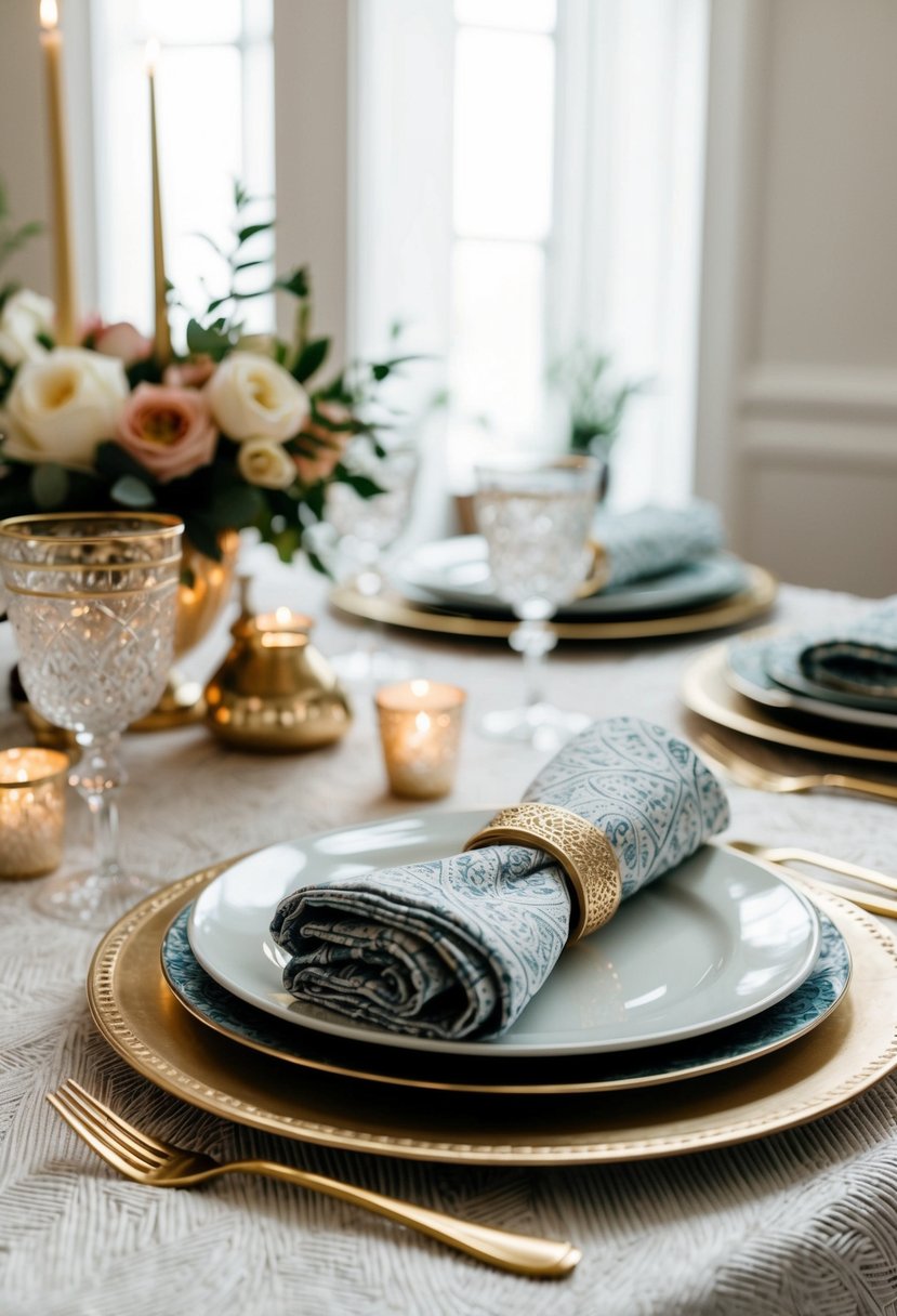 Elegant table setting with textured linens and intricate patterns