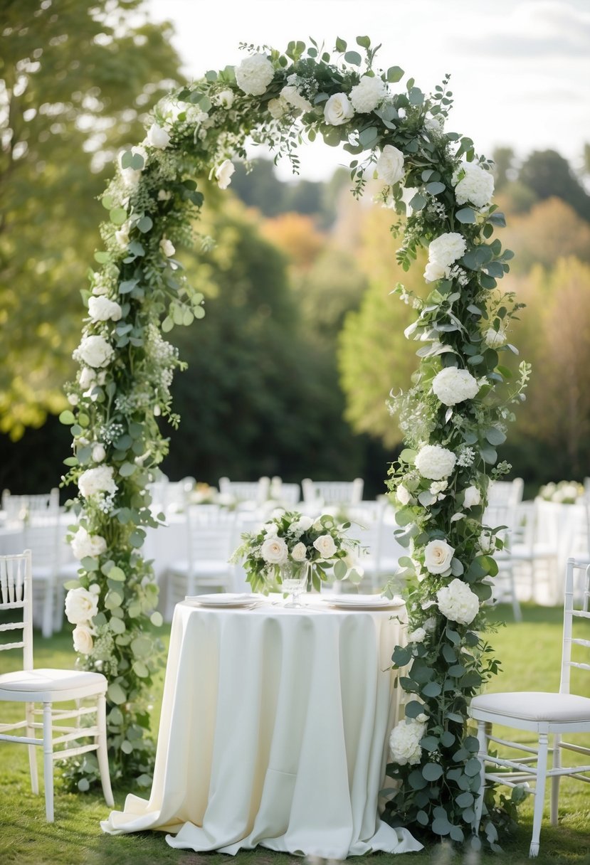 A sage green and white flower arch stands as a wedding table decoration