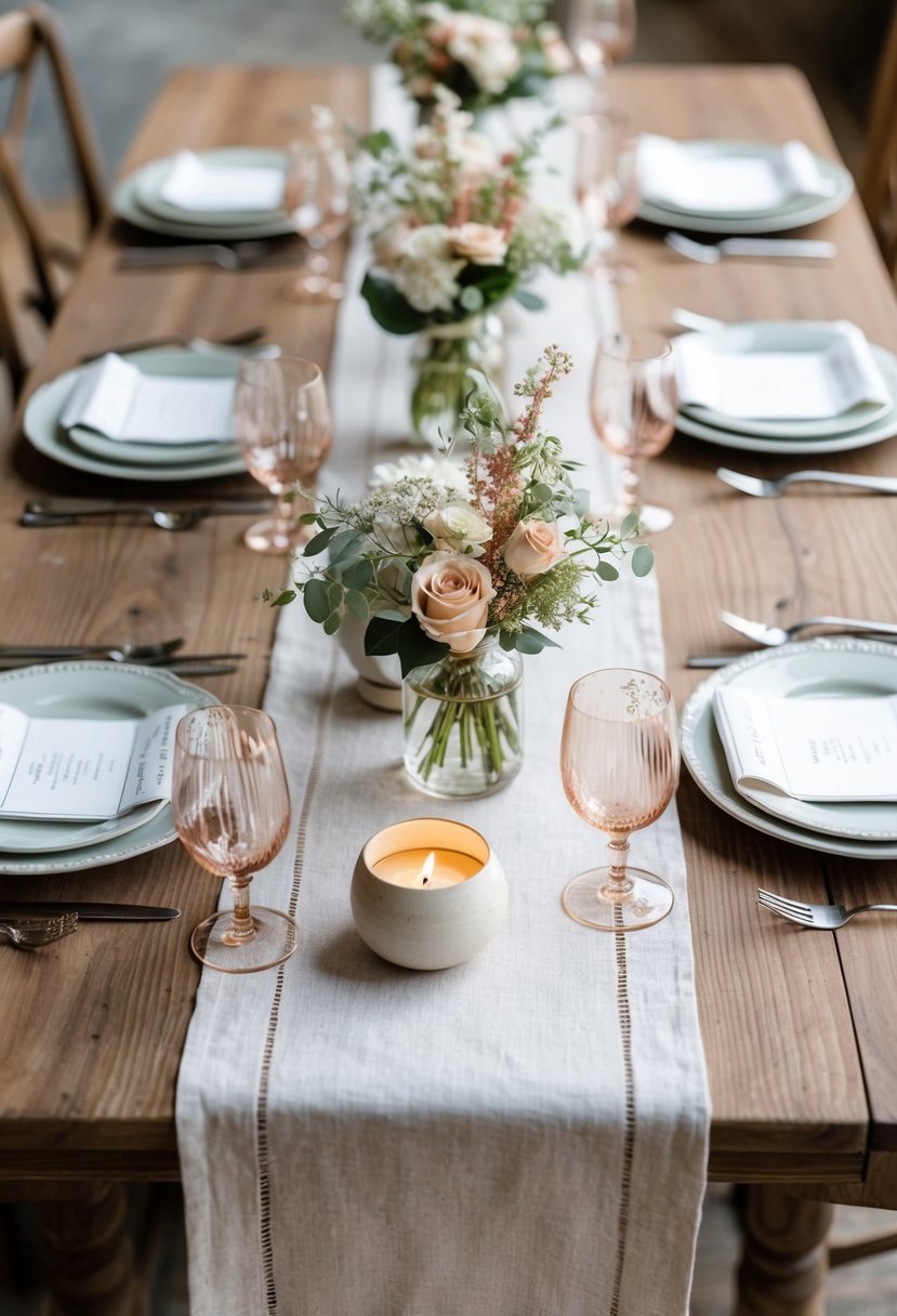 A rustic table set with linen runners, adorned with delicate floral arrangements and elegant tableware