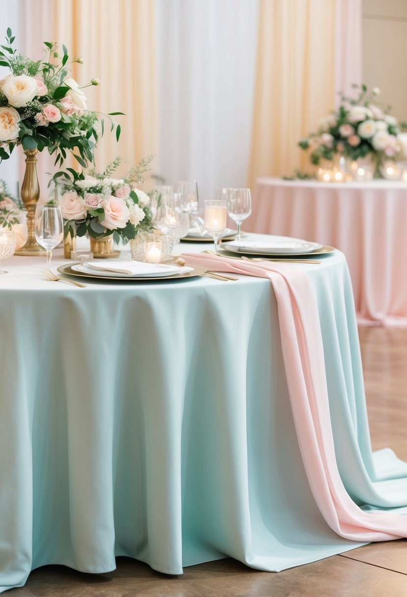 Soft pastel linens draped over a wedding reception table, adorned with delicate floral arrangements and elegant tableware