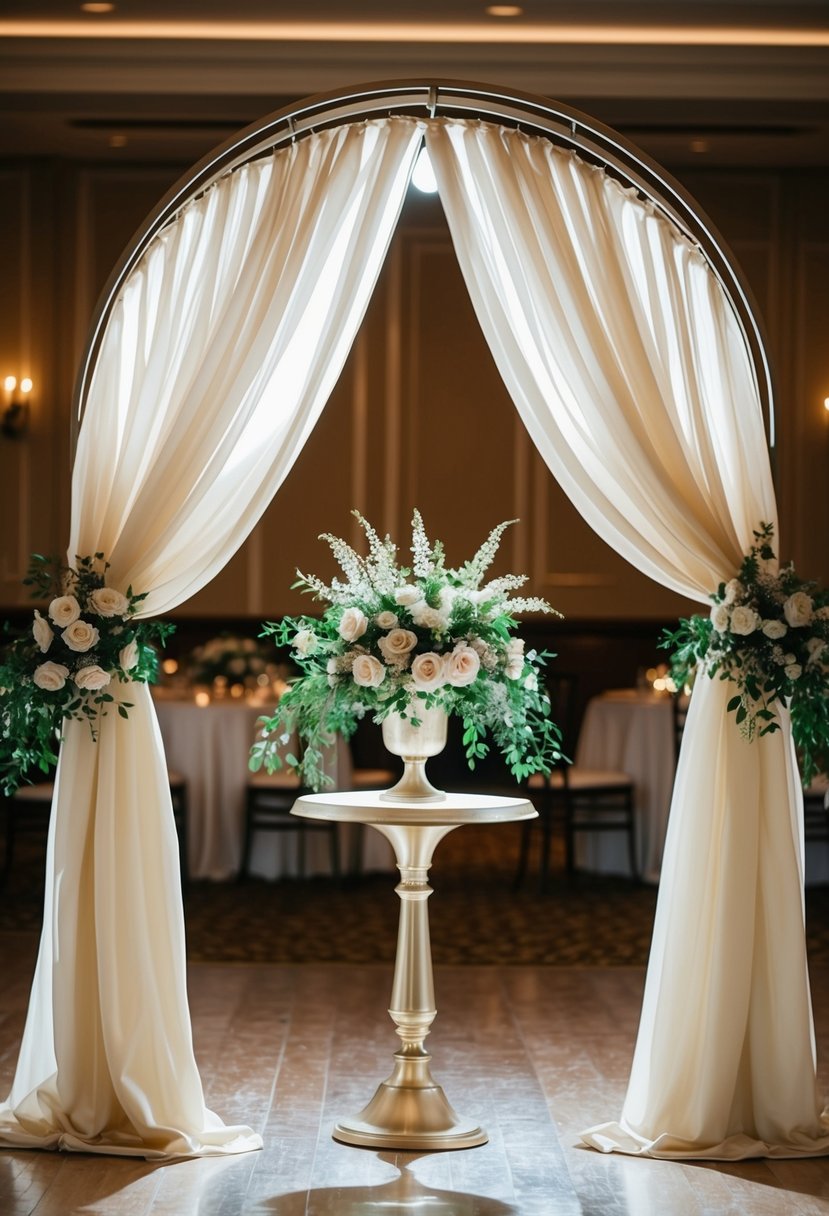 An elegant arch draped with matching linens, creating a beautiful wedding table decoration