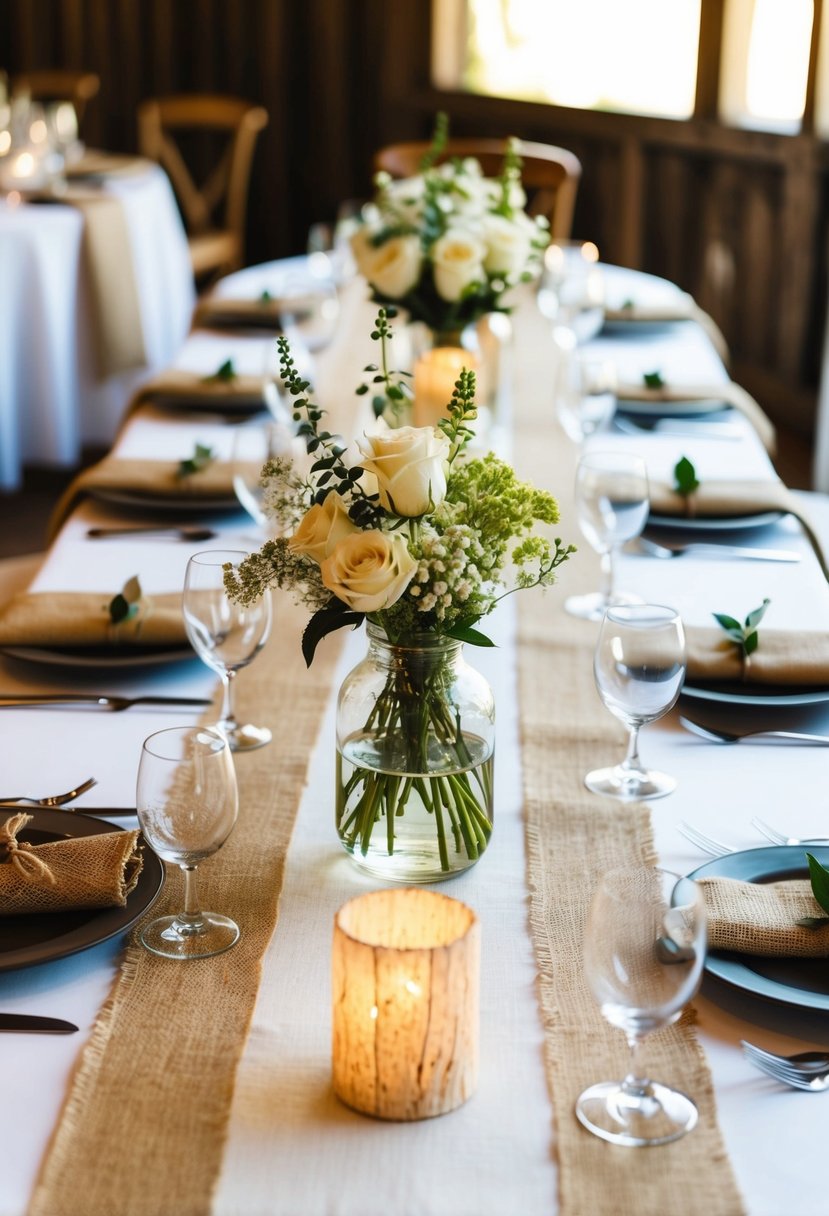 A rustic wedding table adorned with burlap runners and linen decorations exudes charm and elegance