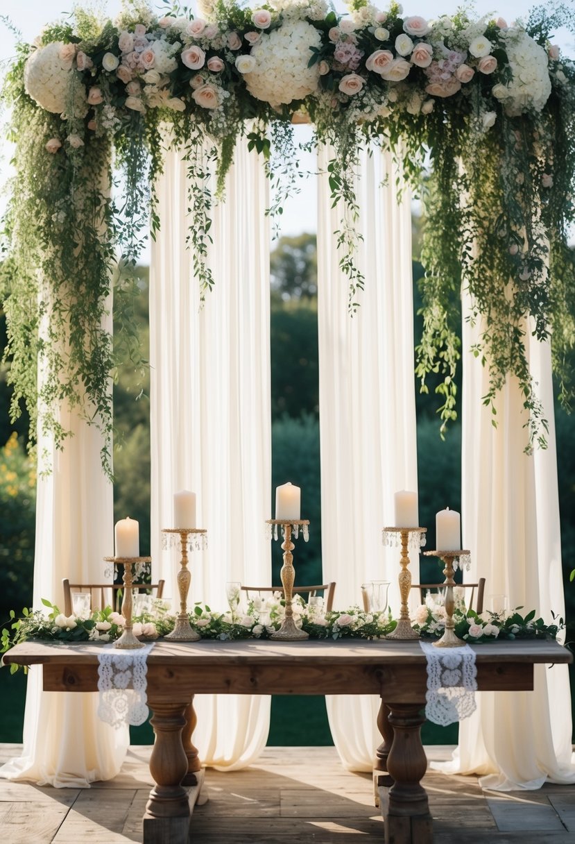 A cascading floral canopy drapes over a rustic wooden head table, adorned with elegant candlesticks and vintage lace accents