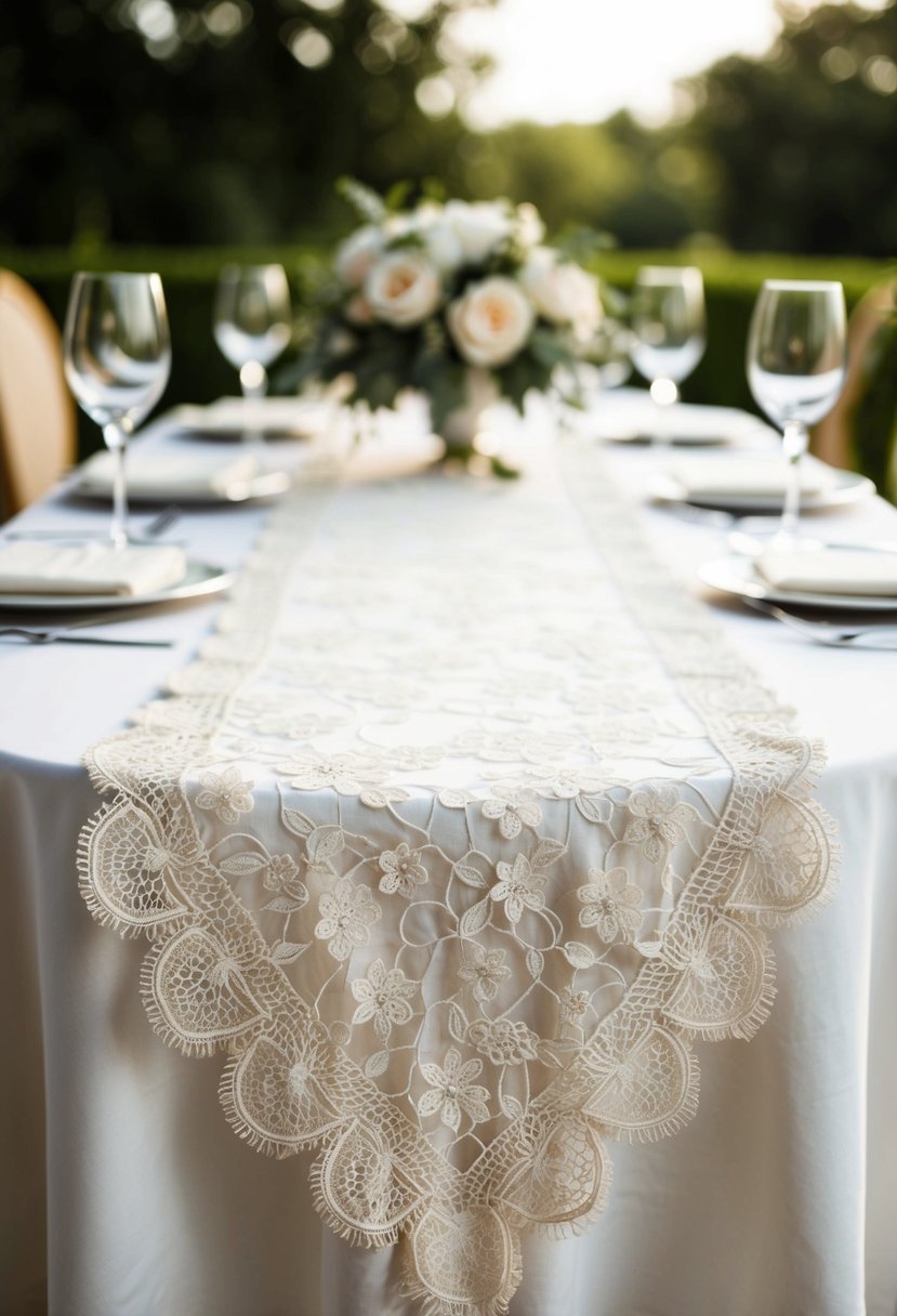 A vintage lace table runner drapes elegantly across a head table, adding a touch of romantic charm to the wedding decor