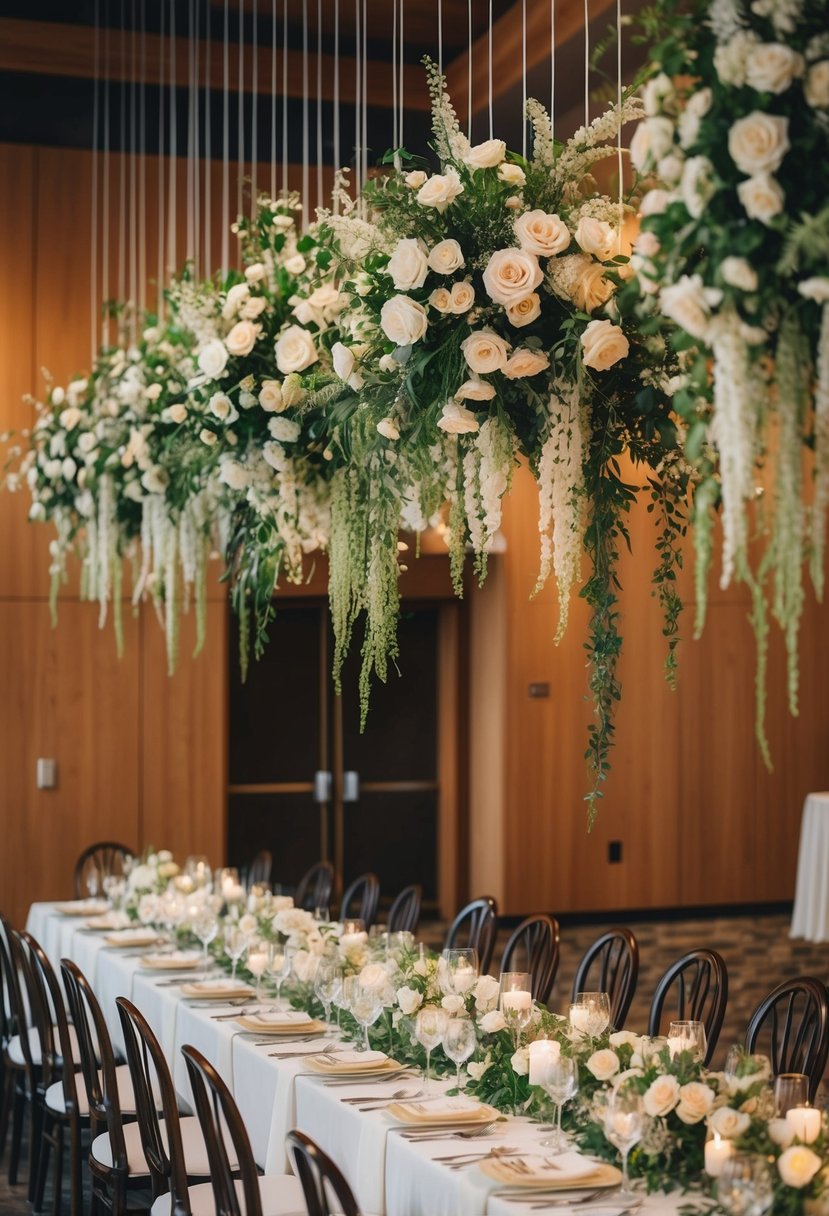 A head table adorned with hanging floral installations, creating a unique and elegant wedding decoration