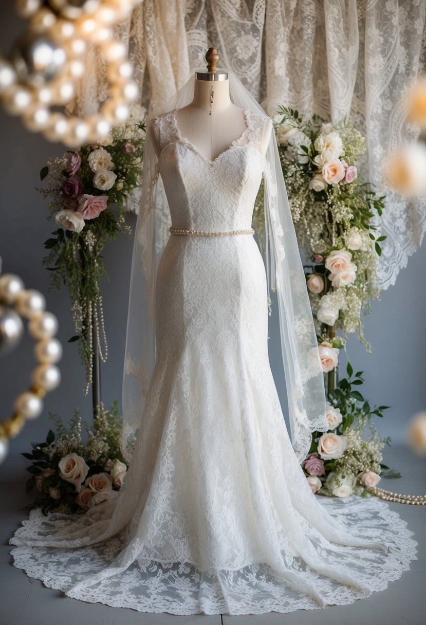 A vintage lace wedding dress draped over a mannequin, surrounded by antique lace, pearls, and floral accents