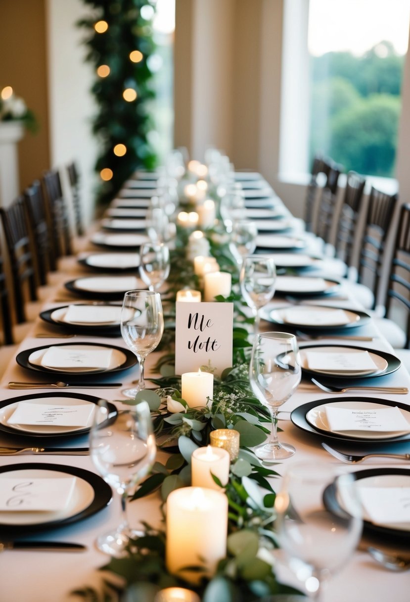 A long head table adorned with personalized name plates, each one unique and elegantly designed for a wedding celebration