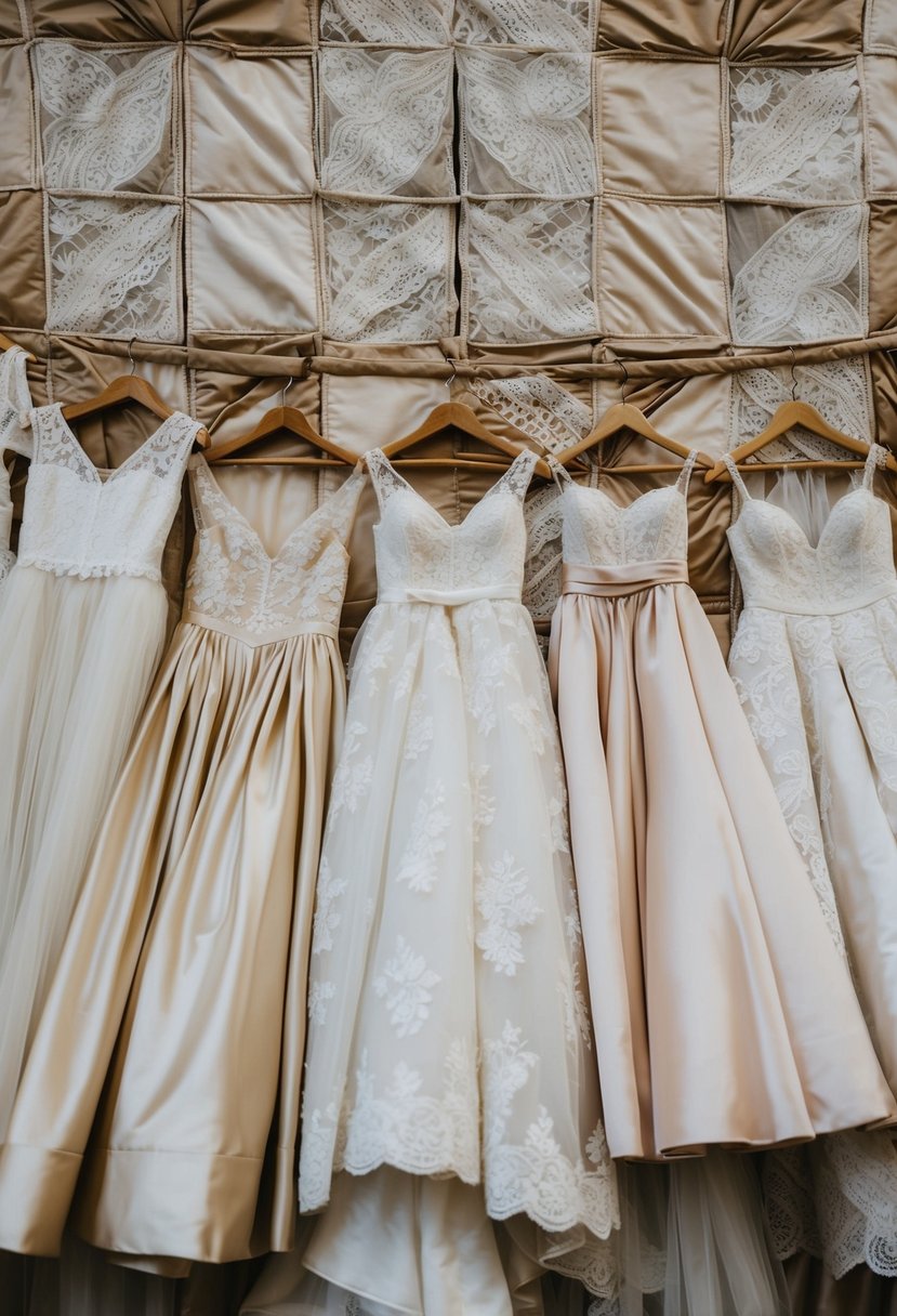 A collection of vintage wedding dresses arranged in a quilt pattern, with delicate lace, satin, and tulle fabrics