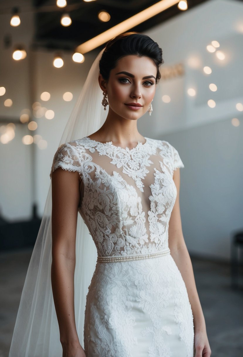 A vintage lace wedding dress is reimagined as a sleek, modern gown with clean lines and contemporary details