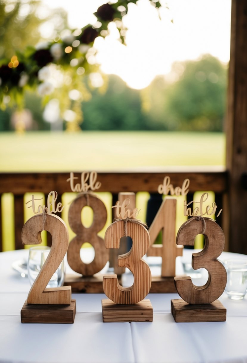 A set of rustic wooden table numbers arranged on a head table, adding a unique and charming touch to a wedding decoration