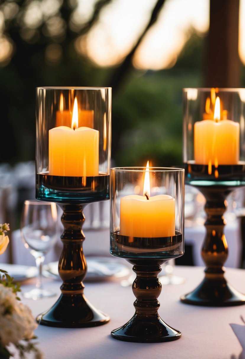 Glass holders with lit candles create a warm and romantic ambiance at a head table, adding a unique touch to wedding decorations