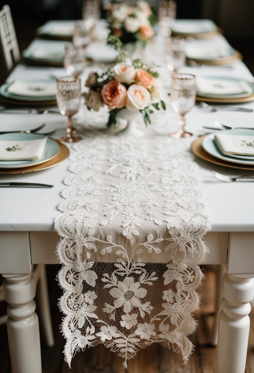 A vintage lace table runner adorned with delicate floral motifs, inspired by timeless 60-year-old wedding dress designs