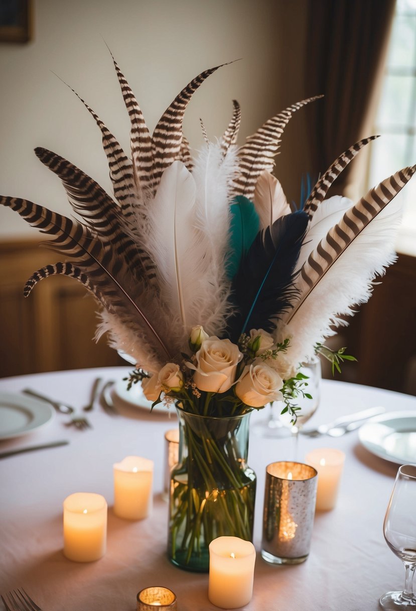 Feathers arranged in a centerpiece with candles and flowers on a wedding table