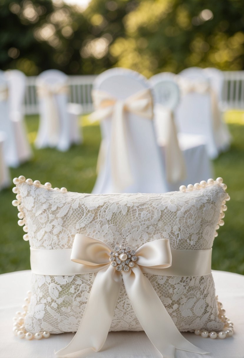 A lace ring bearer's pillow made from a repurposed 60-year-old wedding dress, adorned with delicate pearls and satin ribbons