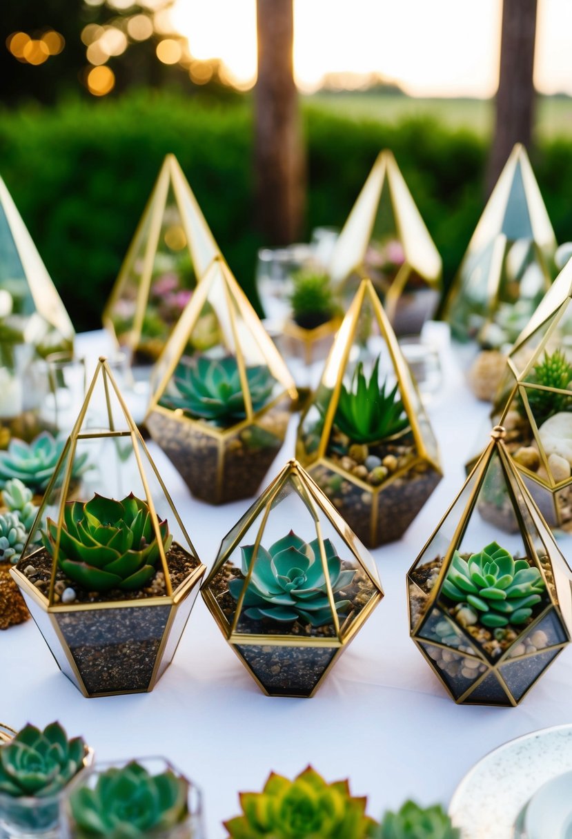 A variety of geometric terrariums filled with vibrant succulents arranged as a unique head table wedding decoration