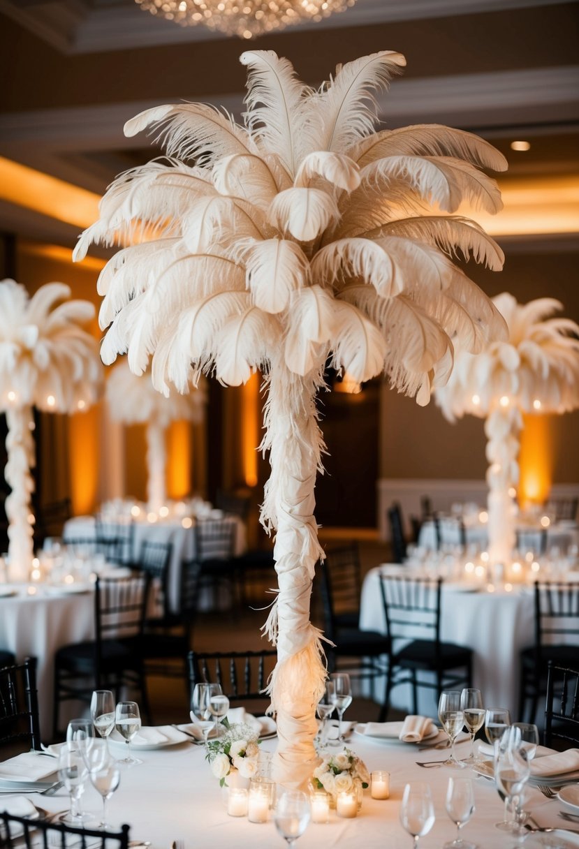 Tall ostrich feather centerpieces adorn elegant wedding tables, adding a touch of luxury and sophistication to the decor