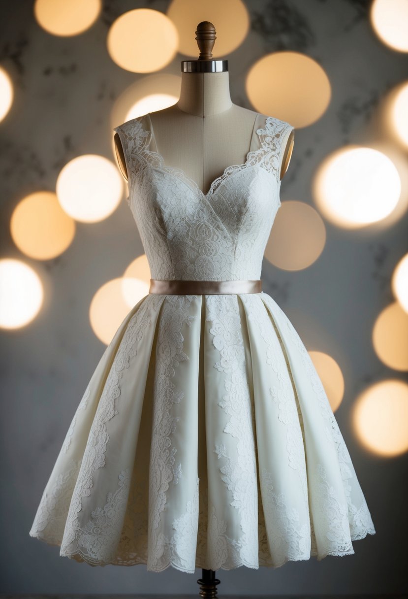 A vintage lace wedding dress transformed into a stylish cocktail dress with a modern silhouette and sleek details