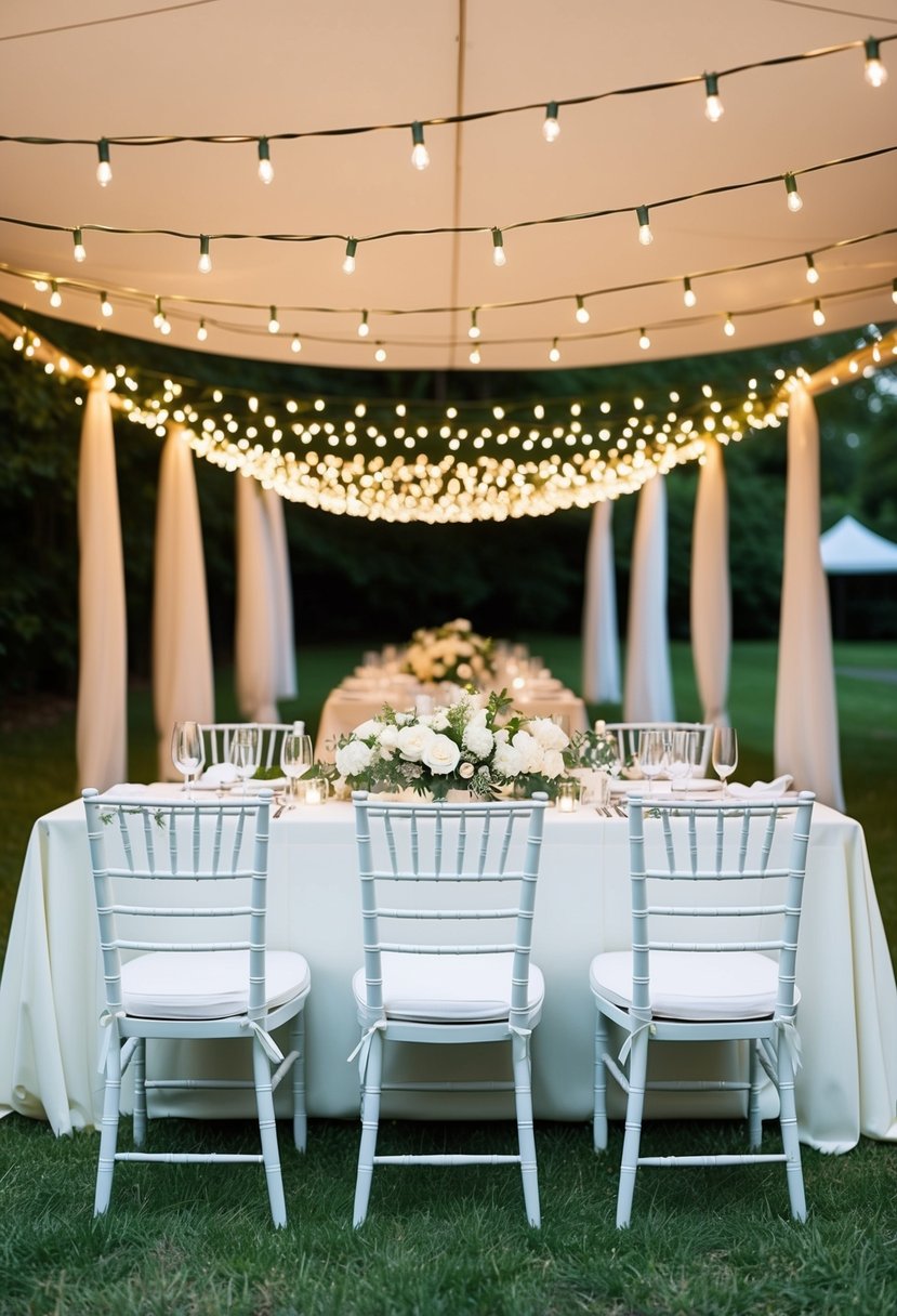 A head table at a wedding adorned with string light canopies, creating a romantic and elegant atmosphere