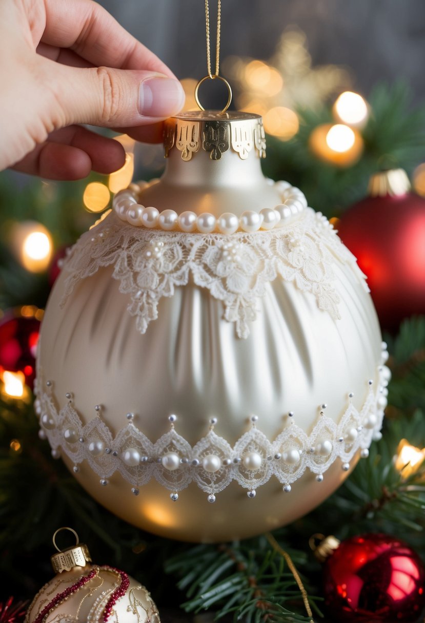 A vintage wedding dress being delicately transformed into a Christmas ornament, adorned with lace and pearls, surrounded by festive holiday decorations