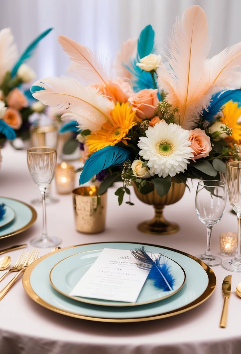 A table adorned with delicate feathers and vibrant flowers in elegant arrangements for a wedding celebration