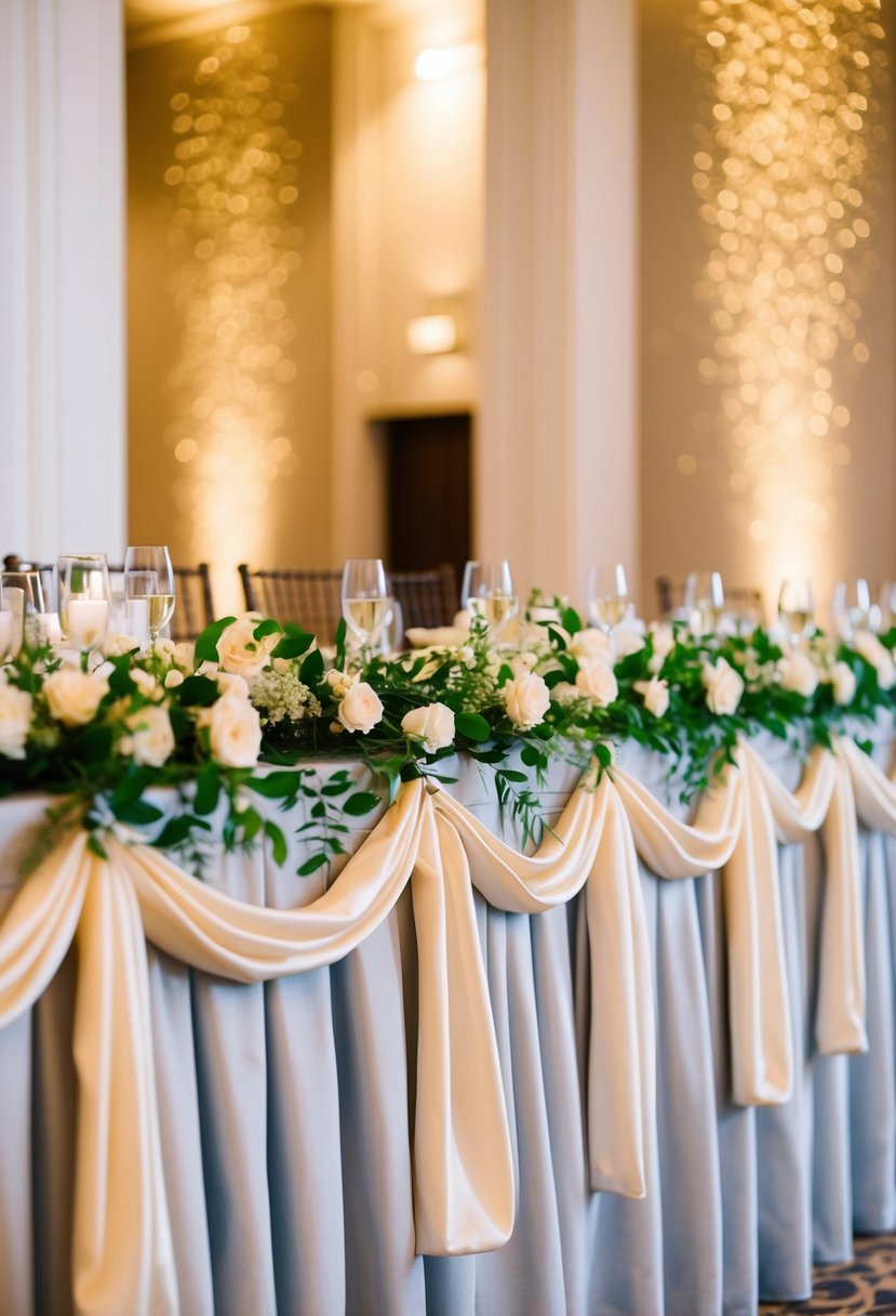 A head table at a wedding adorned with elegant silk ribbon swags cascading down the sides, creating a unique and beautiful decoration