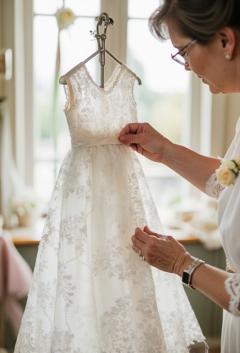 A vintage lace wedding dress being transformed into a delicate christening gown by a skilled seamstress