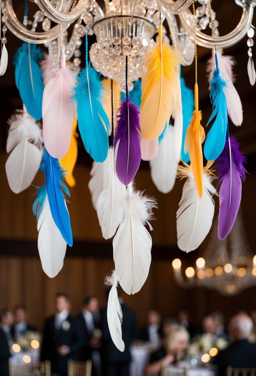 Feathers of various colors and sizes are delicately strung together, hanging from a chandelier above a wedding table