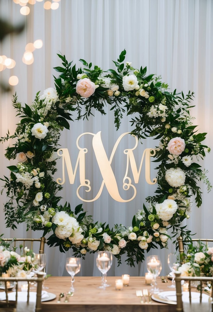 A large floral monogram decorates the head table at a wedding, with personalized flowers and greenery creating a unique and elegant centerpiece