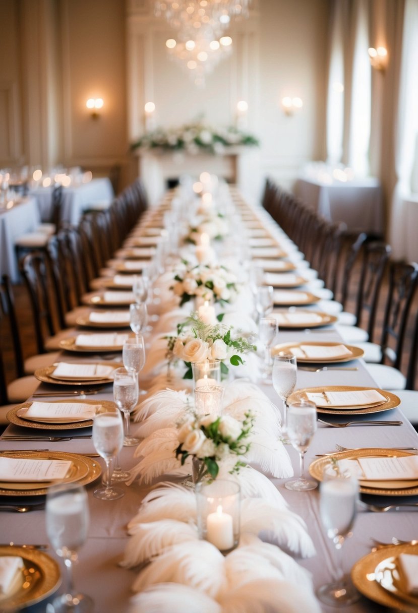 A long banquet table adorned with delicate feather runners and elegant wedding decor