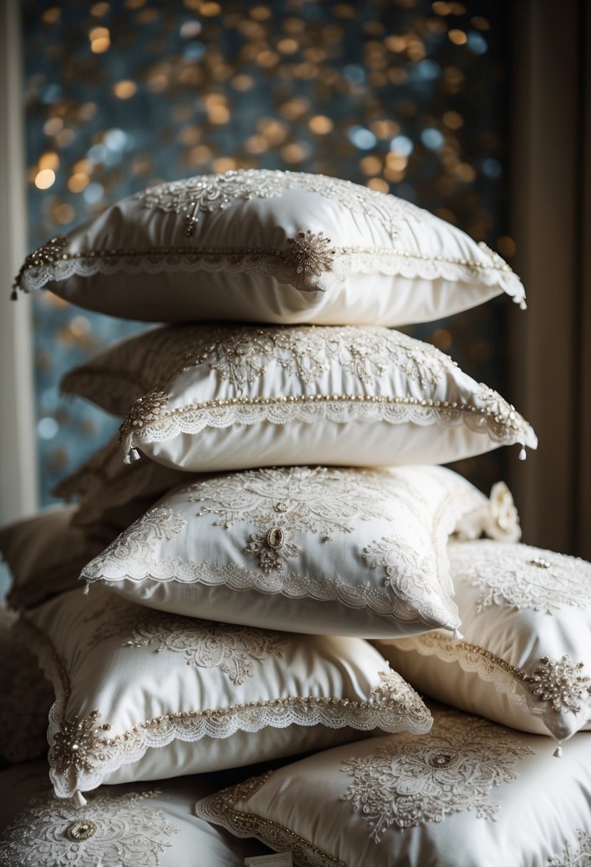 A pile of opulent pillowcases made from repurposed 60-year-old wedding dresses, adorned with delicate lace and intricate beadwork