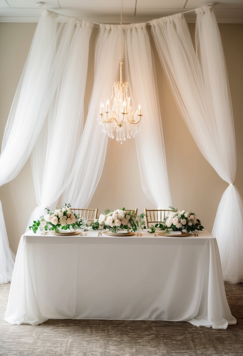 A head table adorned with ethereal tulle backdrops, creating a dreamy and romantic atmosphere for a wedding celebration