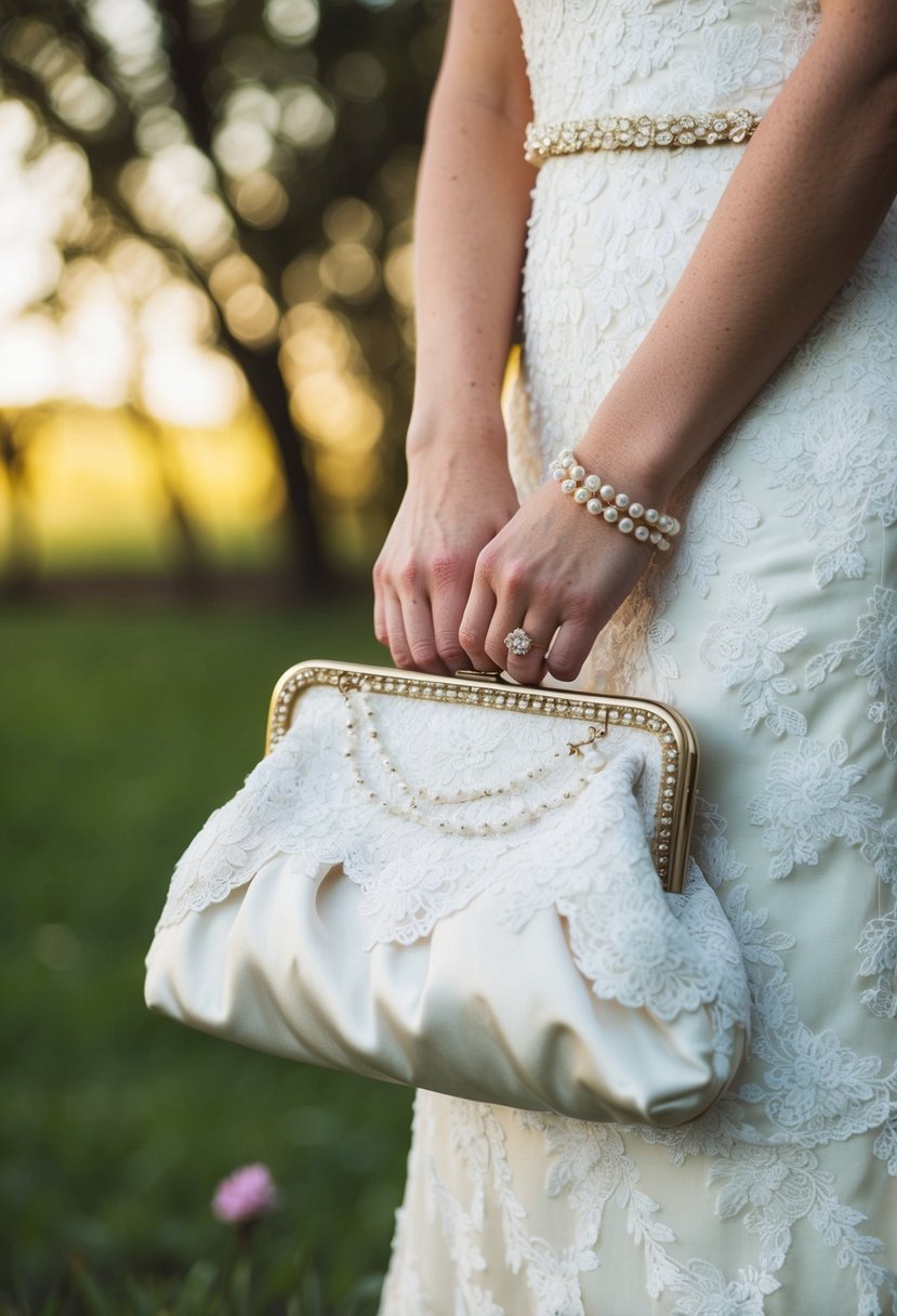 A vintage lace wedding dress repurposed into a chic clutch purse, adorned with delicate beading and a satin lining