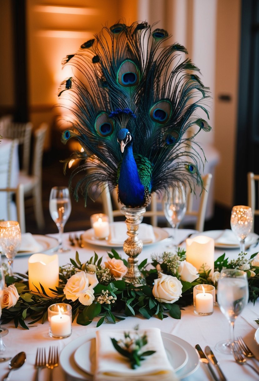 A vibrant peacock feather centerpiece adorns a wedding table, surrounded by delicate floral accents and glowing candlelight