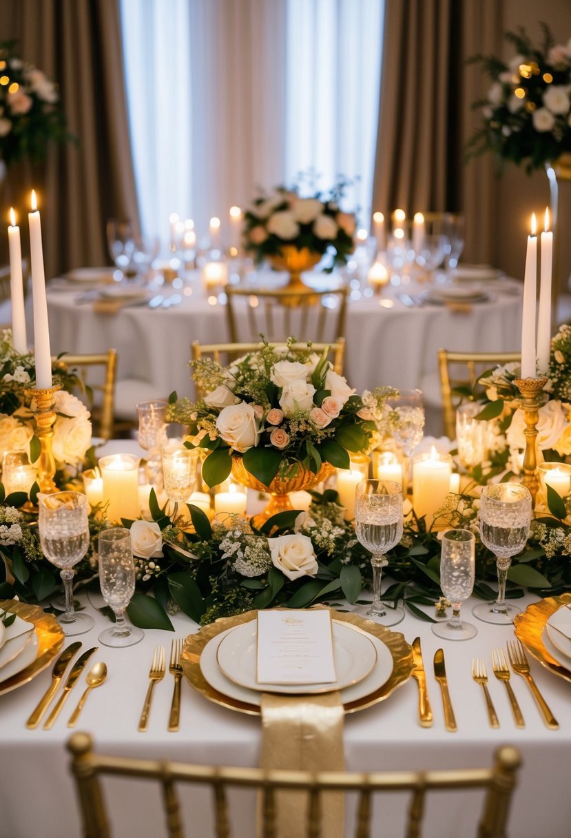 A head table adorned with gold leaf accents, elegant and luxurious, surrounded by shimmering candlelight and opulent floral arrangements