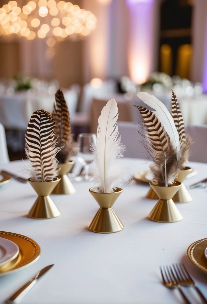 Feather place card holders arranged on a wedding reception table, with delicate feathers serving as elegant decorations