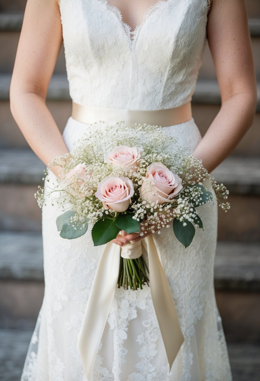 A vintage lace wedding dress draped over a bouquet of soft pink roses and delicate baby's breath, accented with a satin ribbon