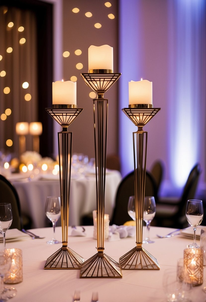 A sleek, geometric Art Deco candlestick set adorns the head table at a wedding reception, casting a warm glow over the elegant decor