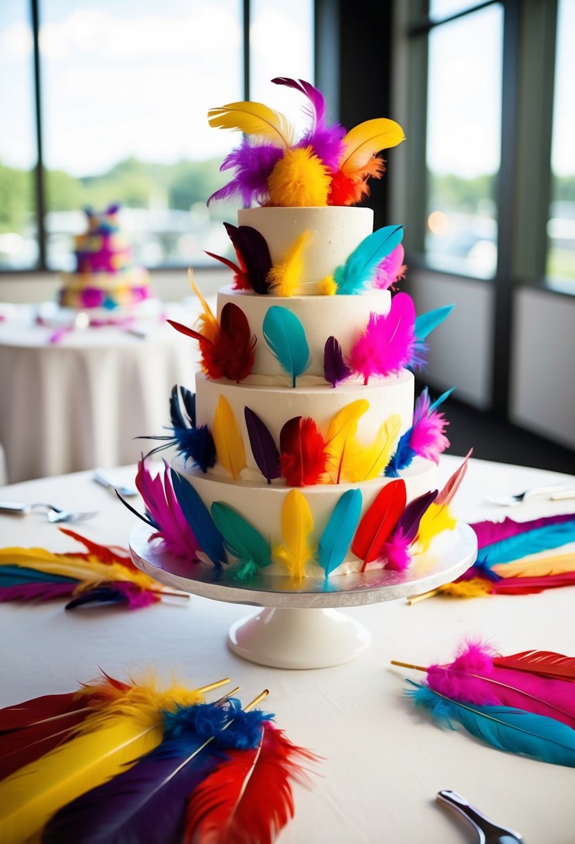 Colorful feathers arranged on a tiered wedding cake, with matching feather decorations on the surrounding tables