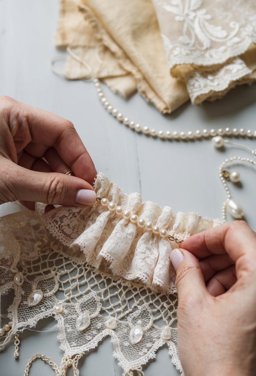 A vintage lace garter being handcrafted with delicate beads and pearls, surrounded by swatches of aged ivory fabric from a 60-year-old wedding dress