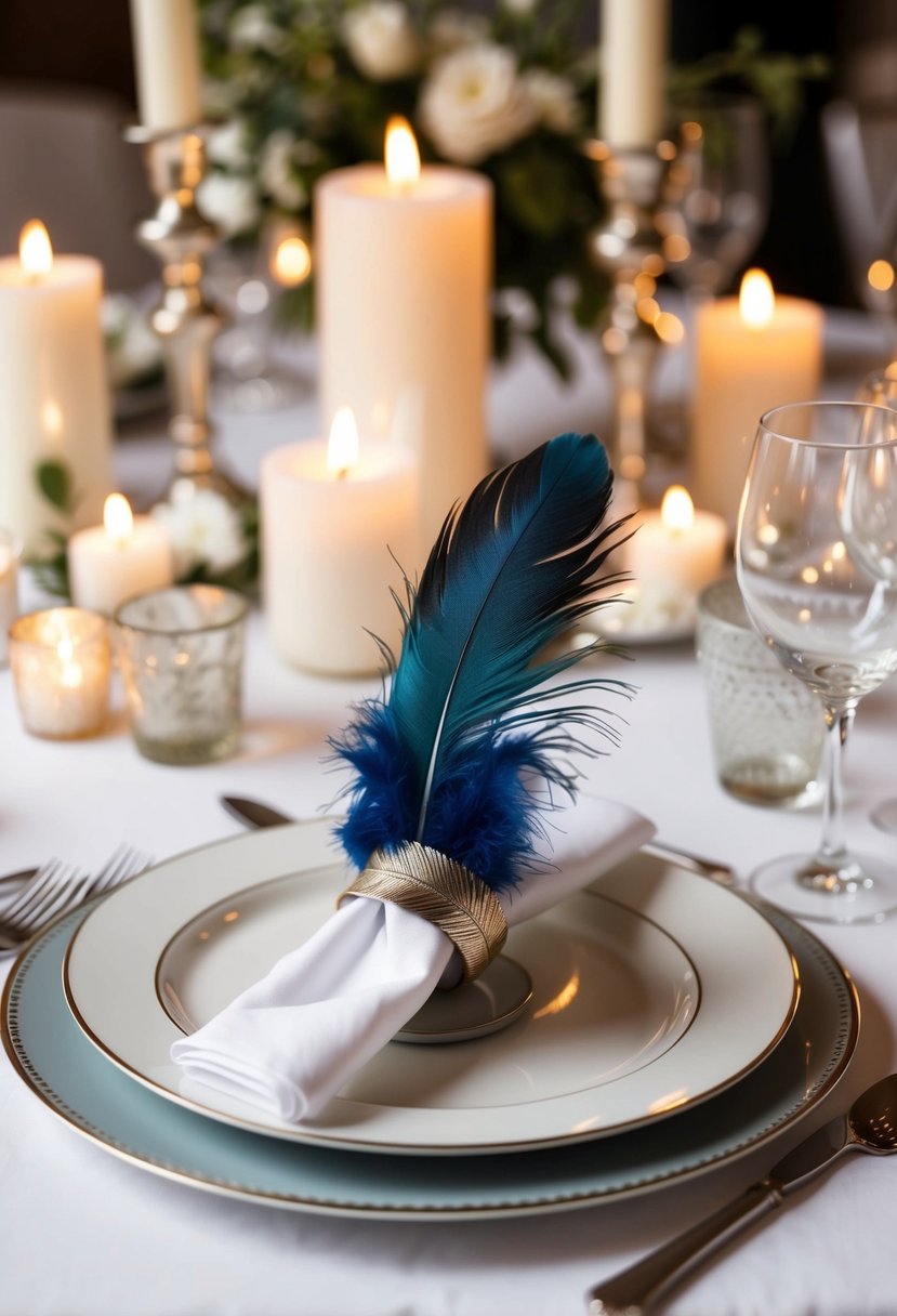 A table set with feather napkin rings, surrounded by elegant wedding decor and soft candlelight