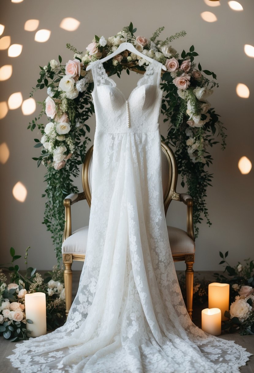 A vintage lace wedding dress draped over a decorative chair, surrounded by delicate floral arrangements and soft candlelight