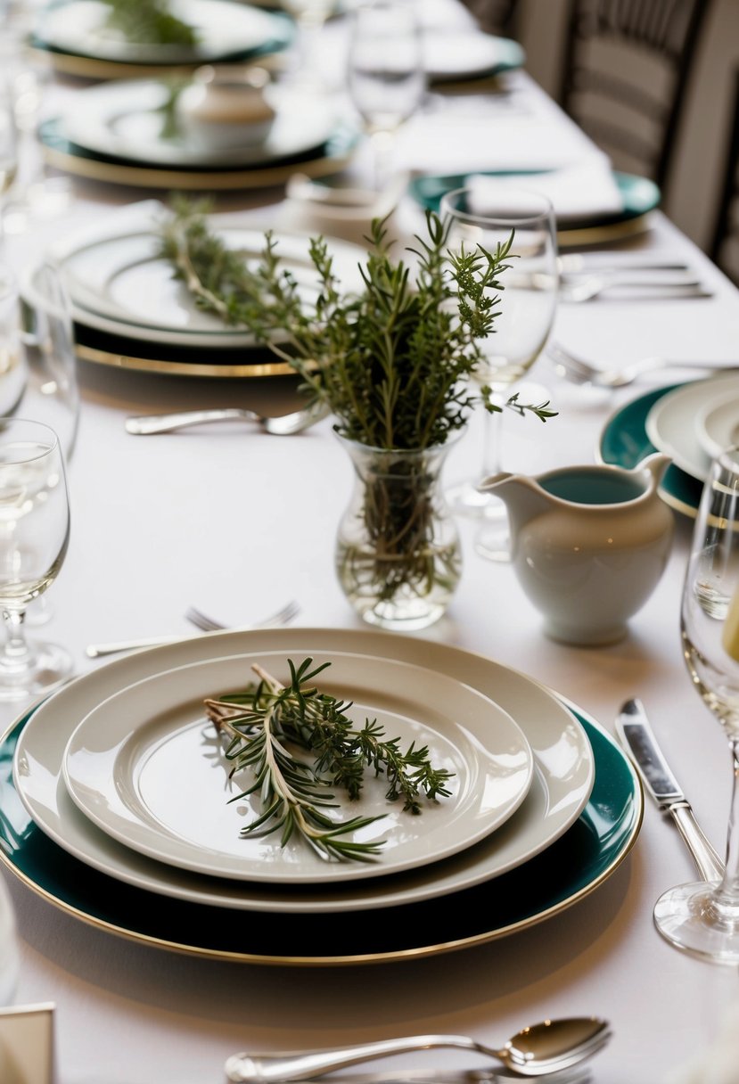 Herb-infused place settings adorn the head table, with delicate sprigs of rosemary and thyme nestled among the elegant tableware