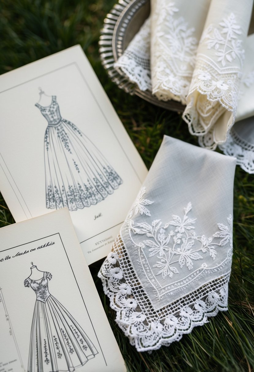 Vintage lace handkerchiefs crafted with delicate embroidery, alongside sketches of a 60-year-old wedding dress with intricate details and classic design