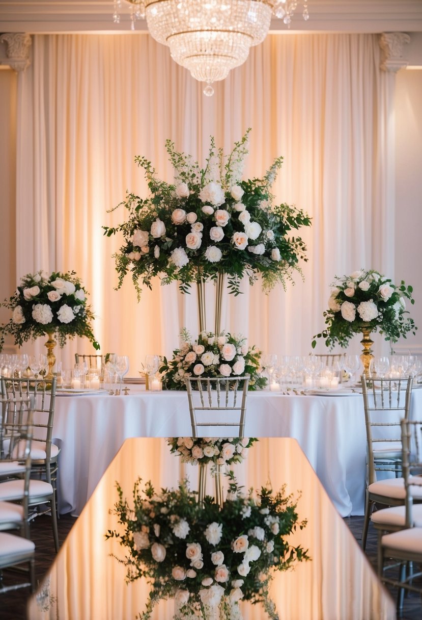 A grand head table at a wedding adorned with mirror table tops reflecting the elegant decor and floral arrangements