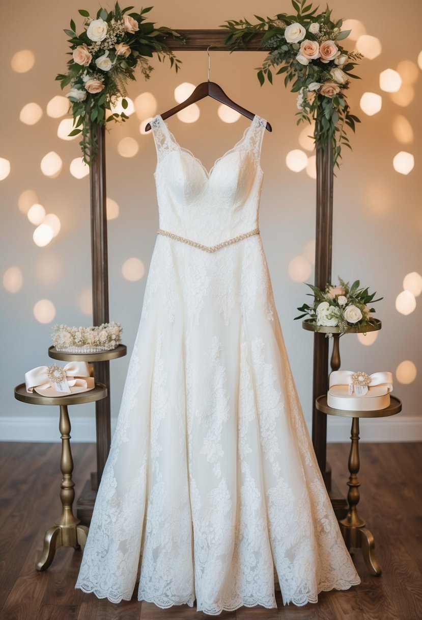 A vintage lace wedding dress displayed with elegant accessories for a bridal shower ensemble