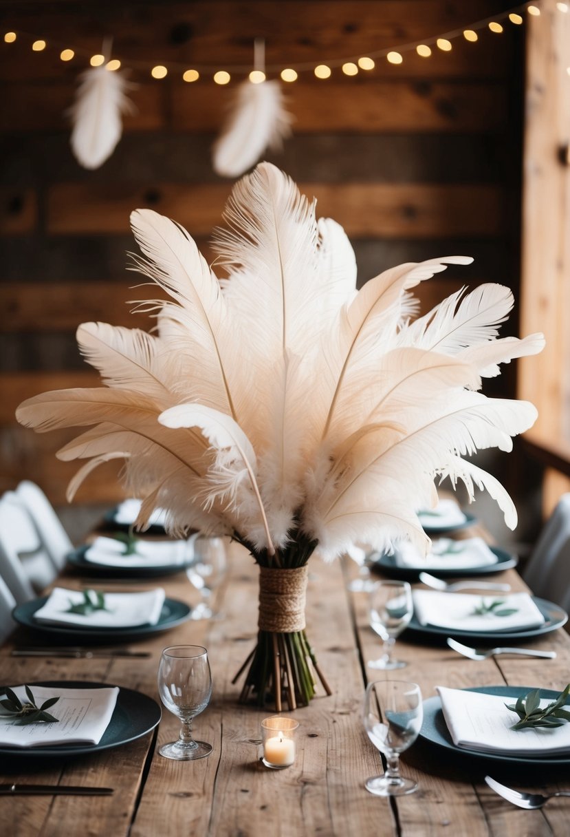 A rustic table adorned with a handmade feather bouquet centerpiece, surrounded by delicate feather wedding decor