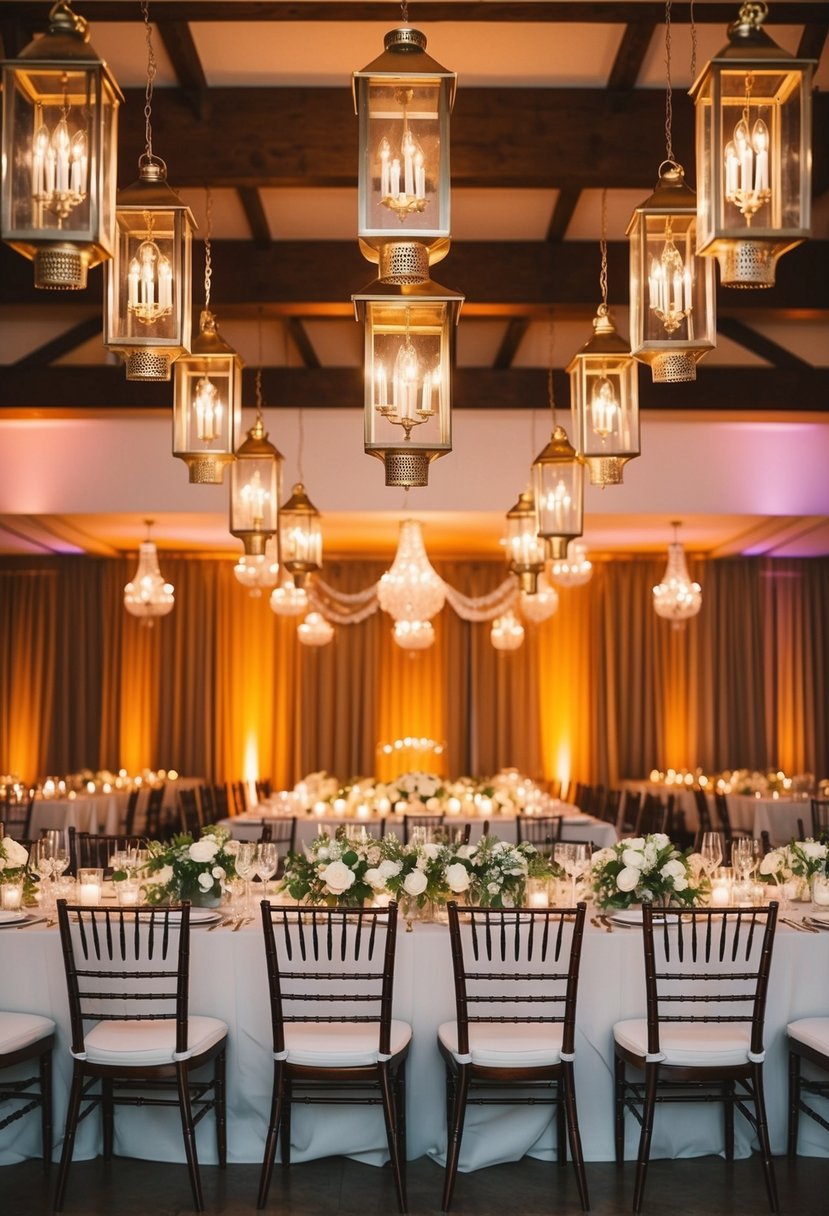 A grand head table adorned with hanging lantern chandeliers, casting a warm and romantic glow over the wedding reception