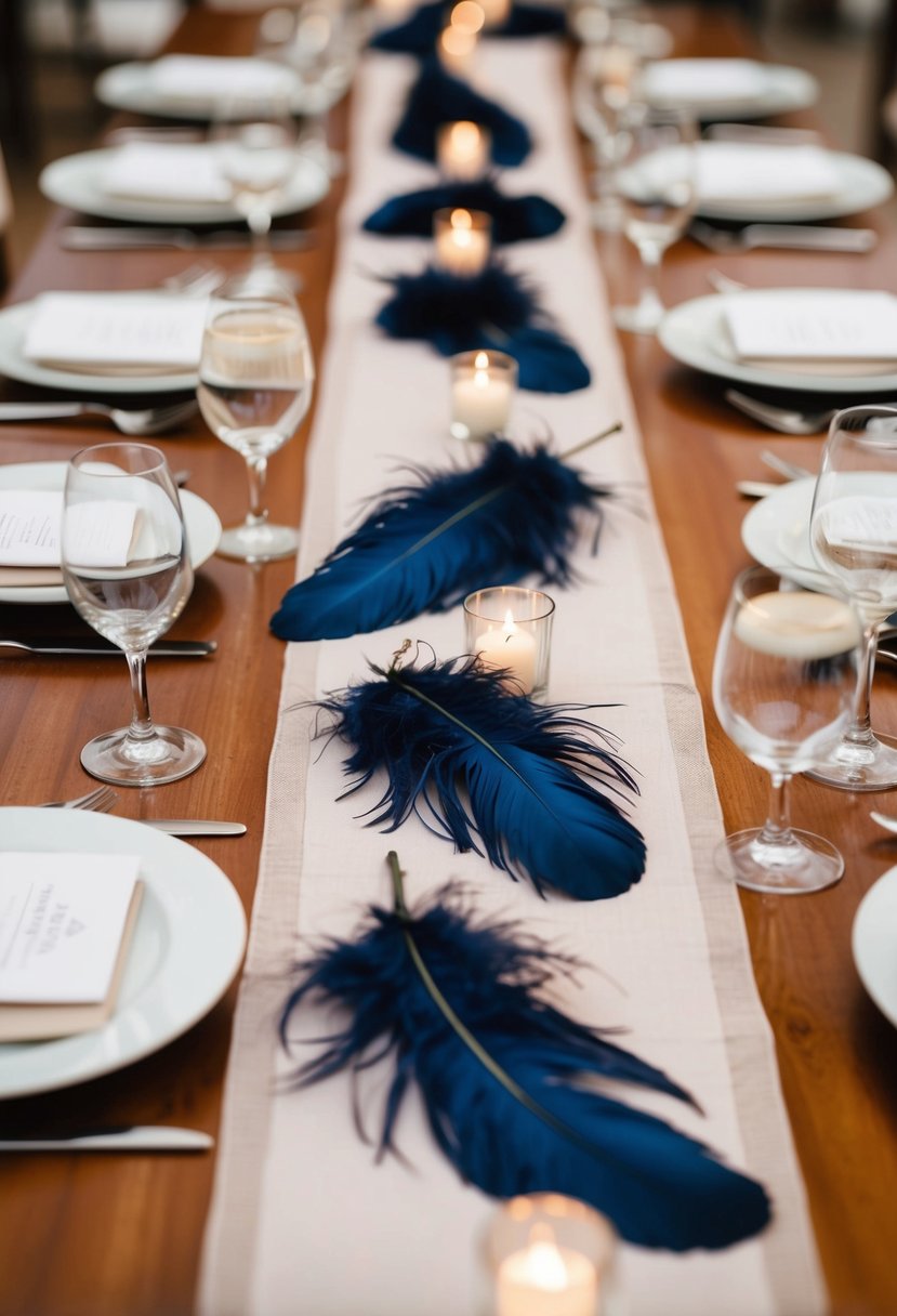 Feather aisle runners adorn wedding tables, creating a whimsical and elegant atmosphere